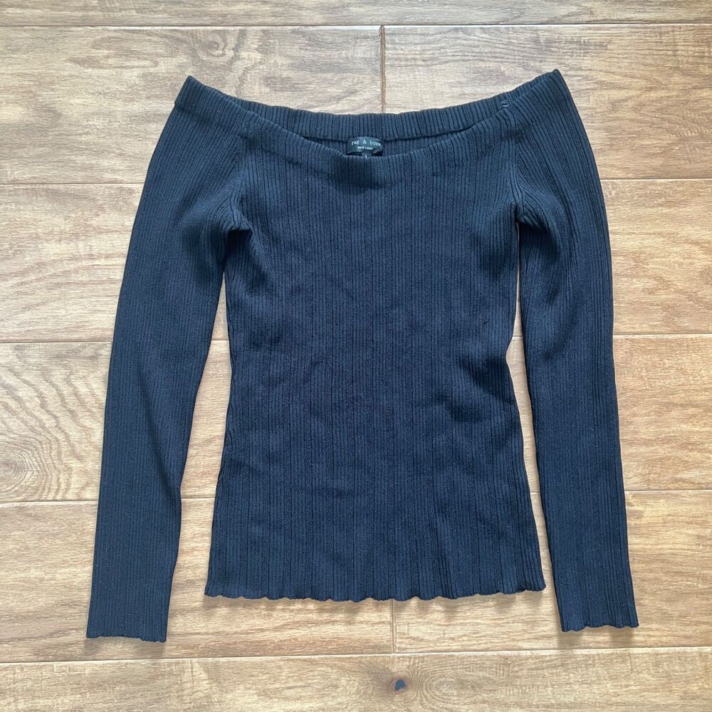 Rag & Bone Kari Off The Shoulder Sweater Size L Black Ribbed Knit